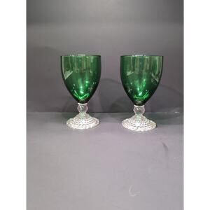 2‎ Anchor Hocking Forest Green Bubble Base Depression Glass Water Goblet 5.5"